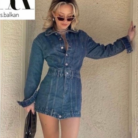 ZARA Long sleeve jean dress jacket style dark denim Mini women’s Size Small - Picture 6 of 7